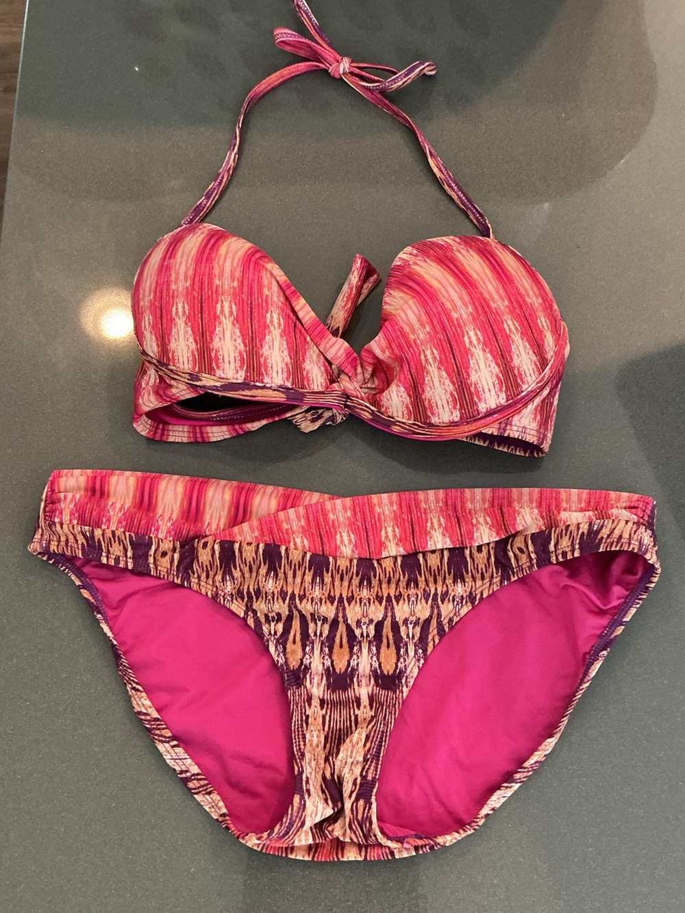 Pilyq Hot Pink Halter Bikini Top with Patterned Trim